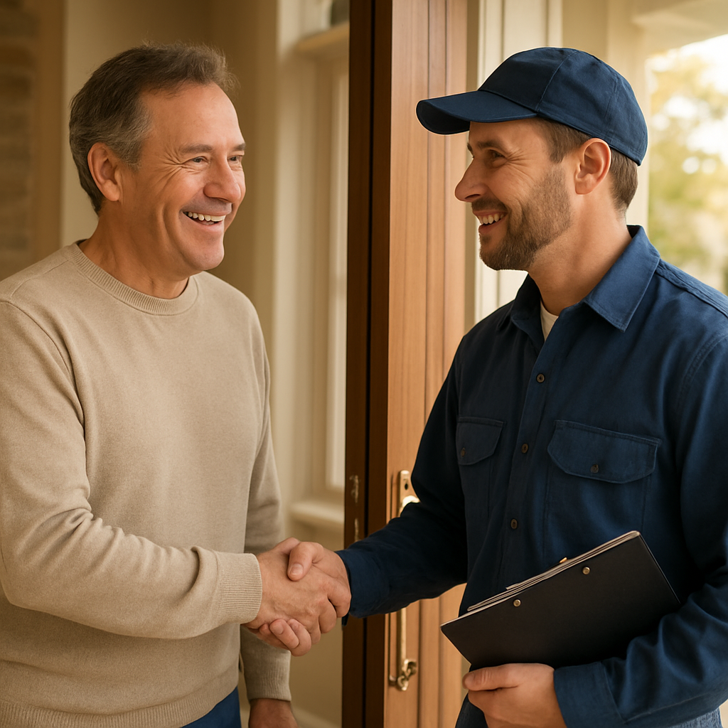 A resident welcoming a maintenance worker at their door